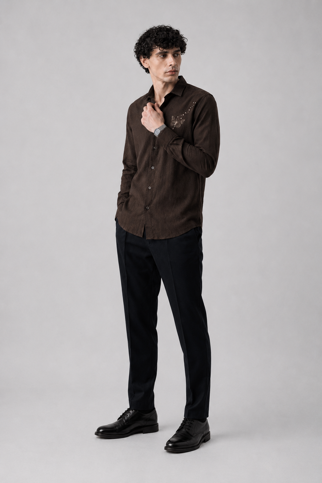 Brown Butterfly Embroidered Cotton Casual Shirt