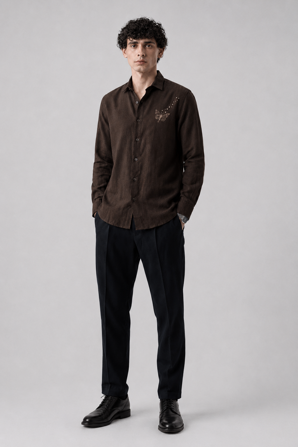 Brown Butterfly Embroidered Cotton Casual Shirt