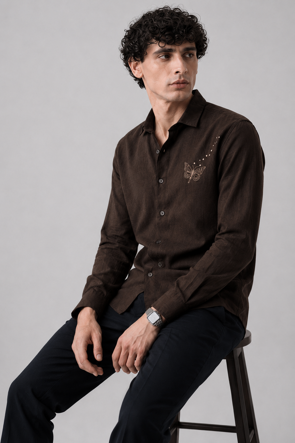 Brown Butterfly Embroidered Cotton Casual Shirt