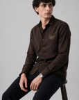 Brown Butterfly Embroidered Cotton Casual Shirt