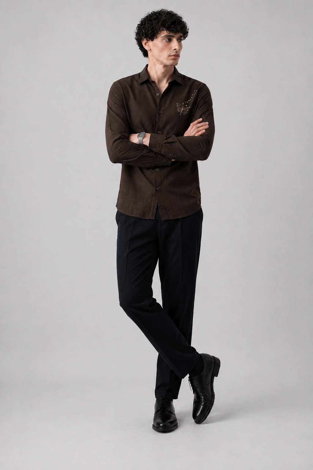 Brown Butterfly Embroidered Cotton Casual Shirt