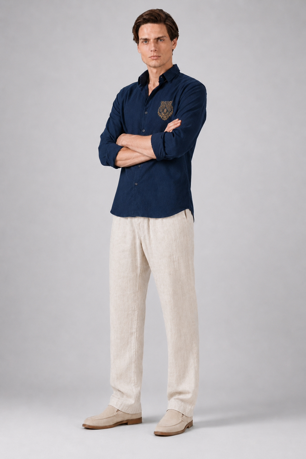 Royal Tiger Blue Embroidered Cotton Shirt