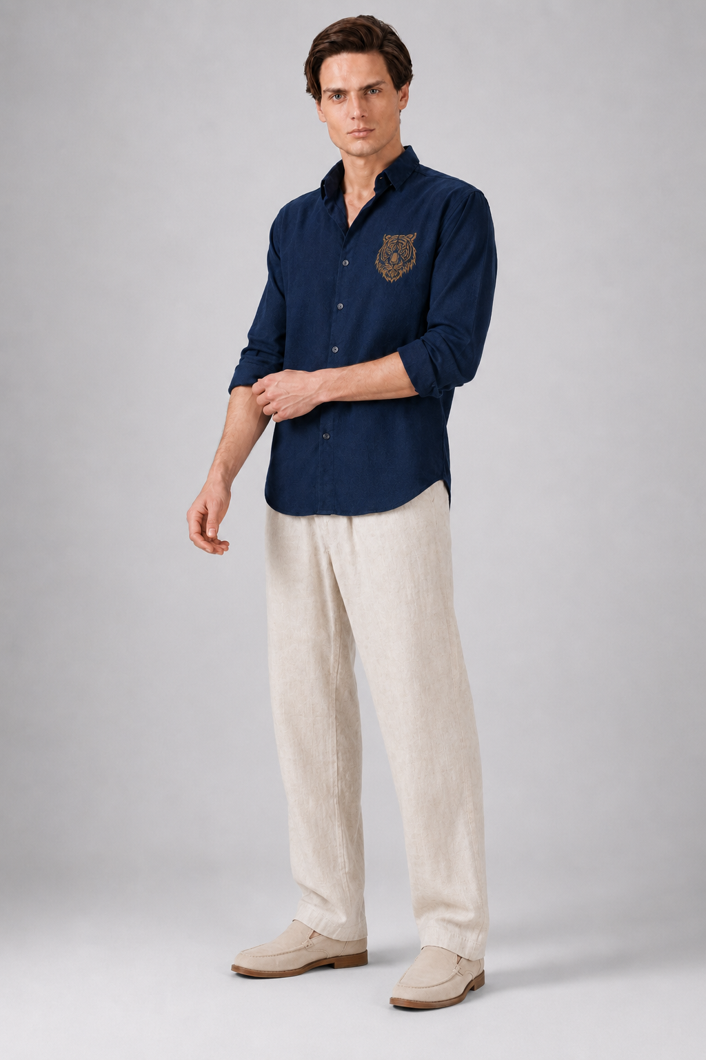 Royal Tiger Blue Embroidered Cotton Shirt
