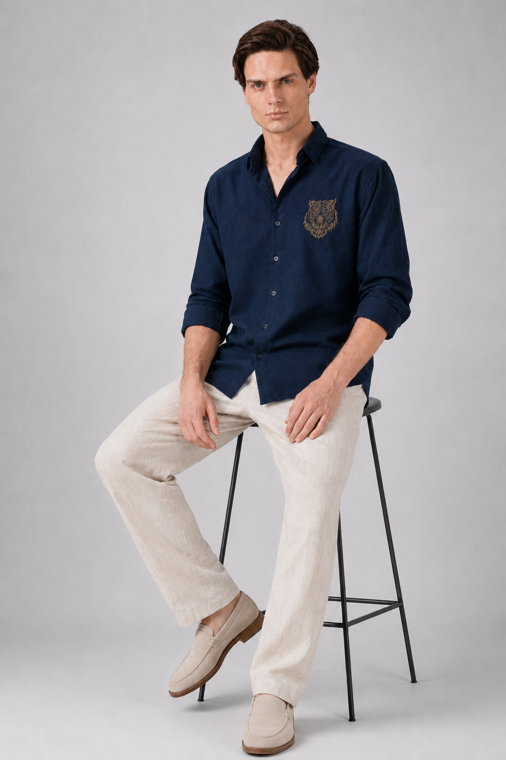 Royal Tiger Blue Embroidered Cotton Shirt
