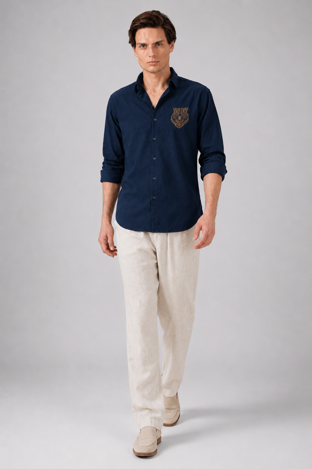 Royal Tiger Blue Embroidered Cotton Shirt