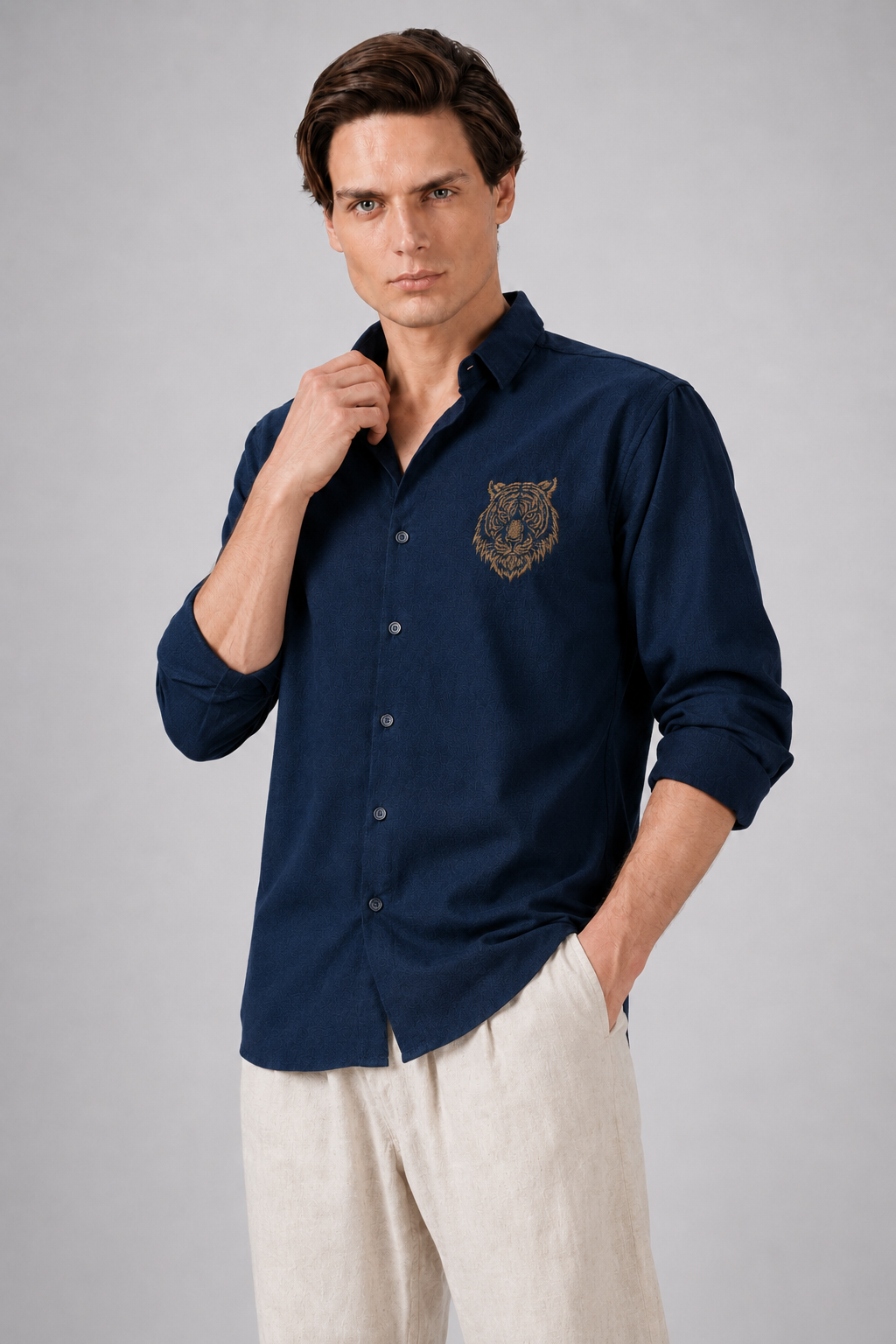 Royal Tiger Blue Embroidered Cotton Shirt