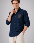 Royal Tiger Blue Embroidered Cotton Shirt