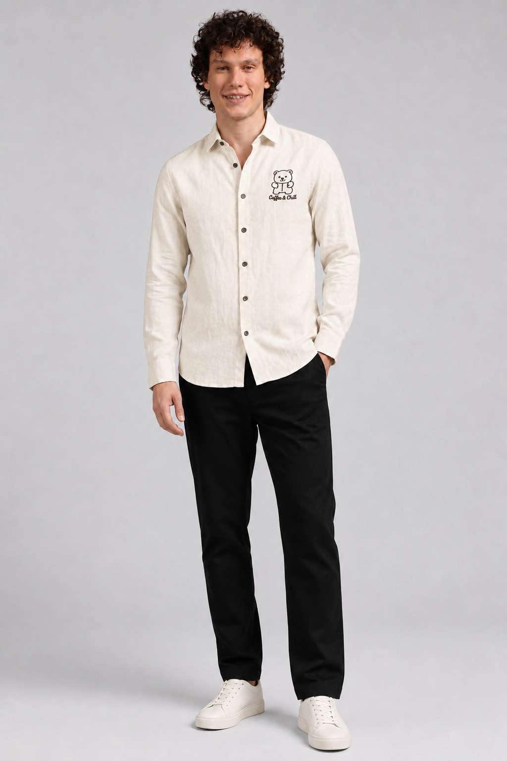 Coffee &amp; Chill Bear Full Sleeve Casual Shirt