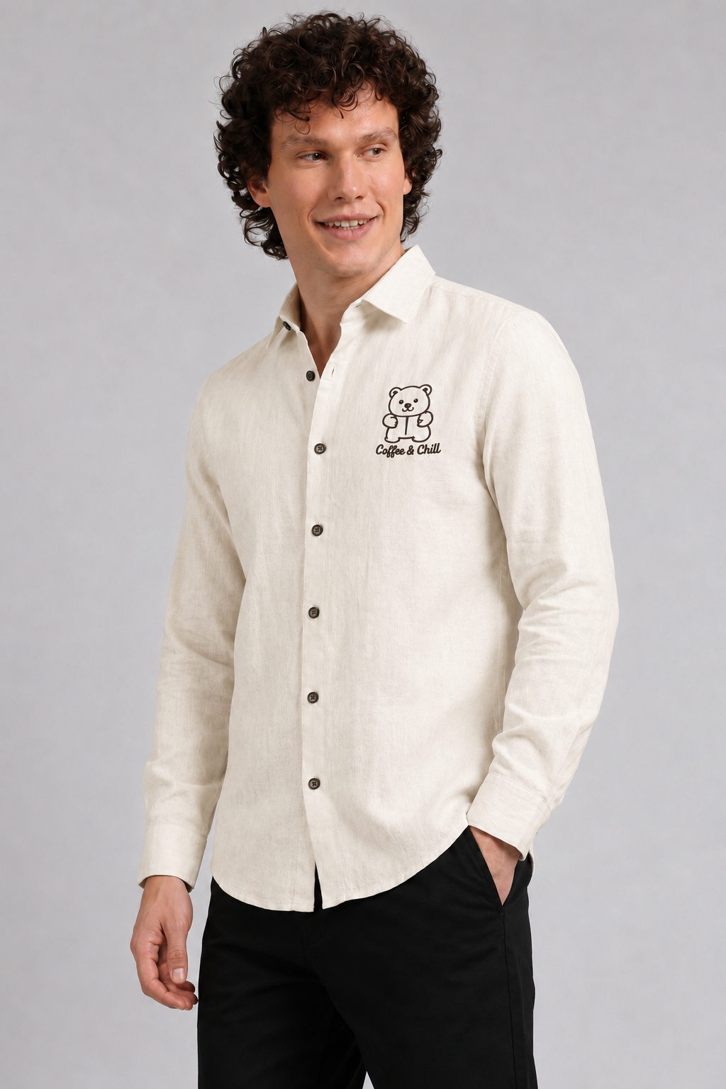 Coffee &amp; Chill Bear Full Sleeve Casual Shirt
