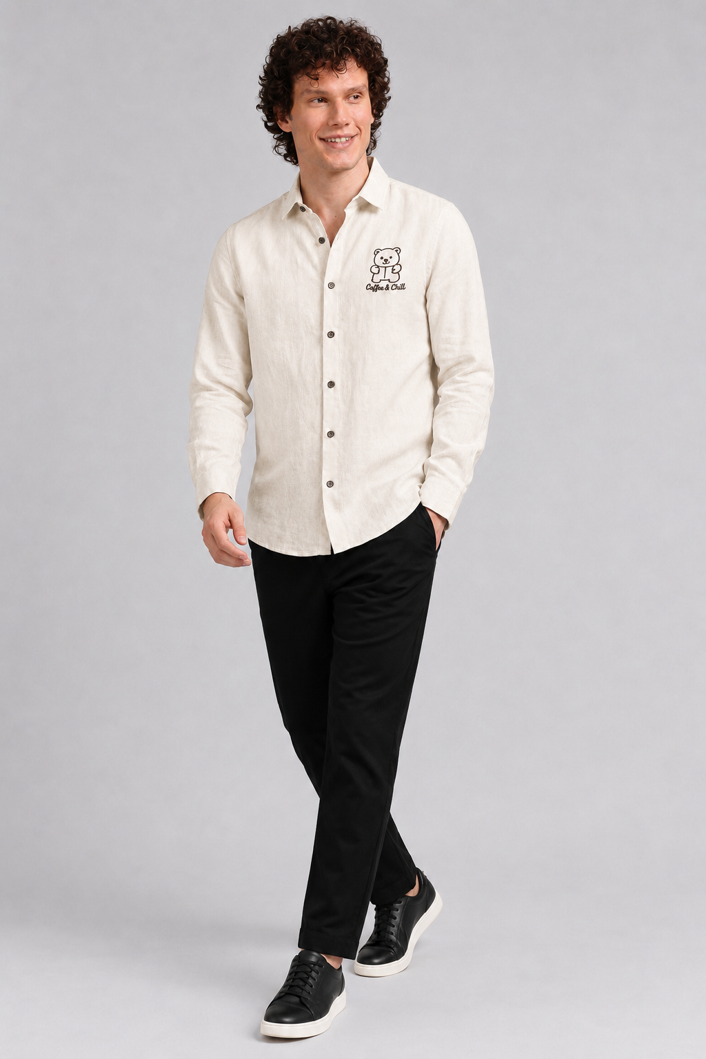 Coffee &amp; Chill Bear Full Sleeve Casual Shirt