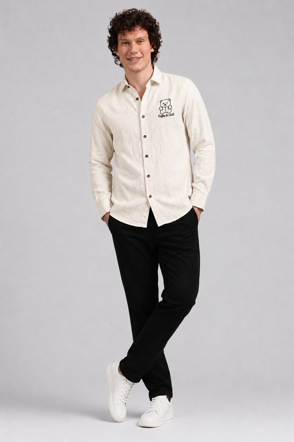 Coffee &amp; Chill Bear Full Sleeve Casual Shirt