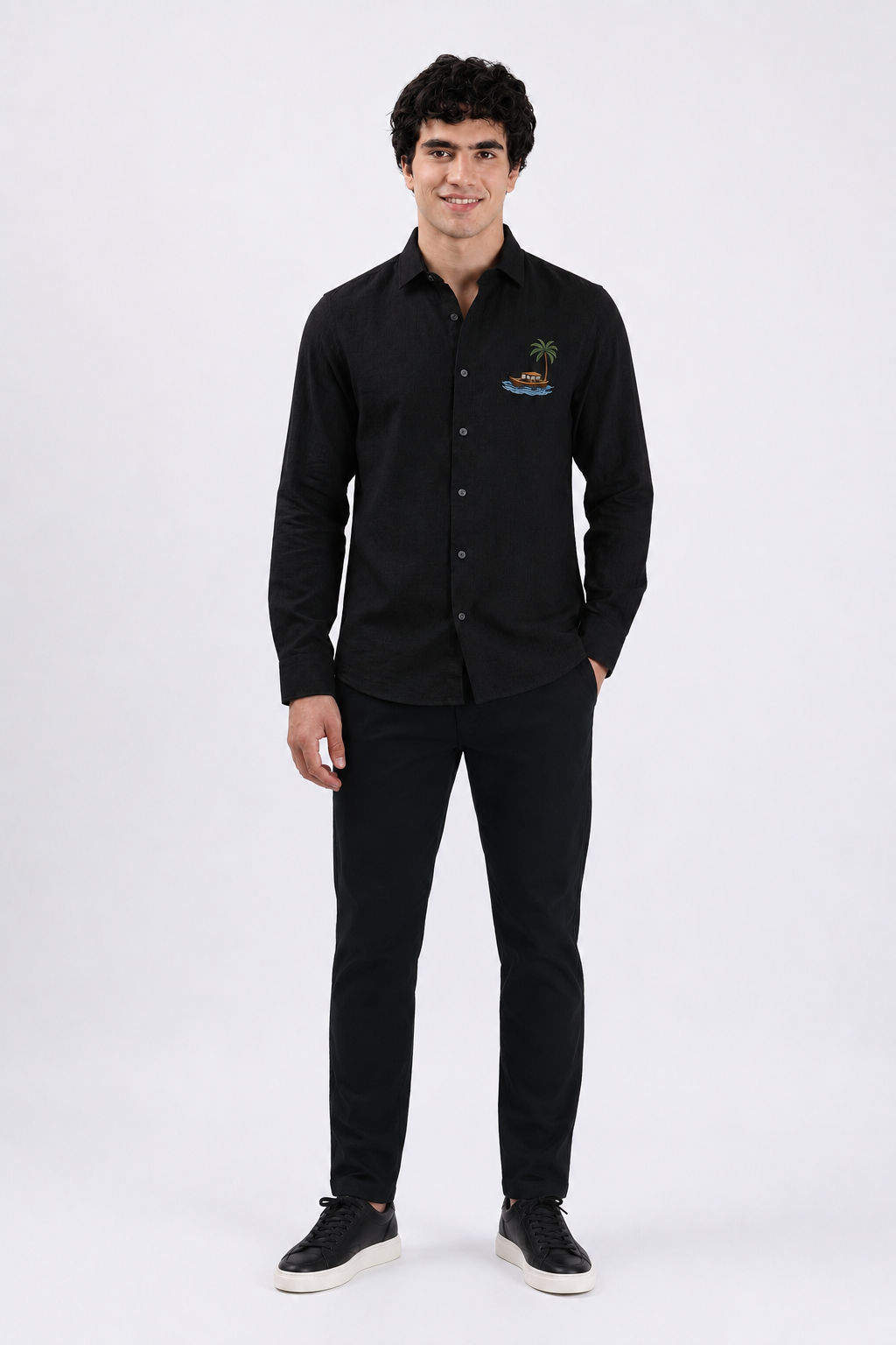 Tropical Houseboat &amp; Palm Tree Full Sleeve Casual Shirt