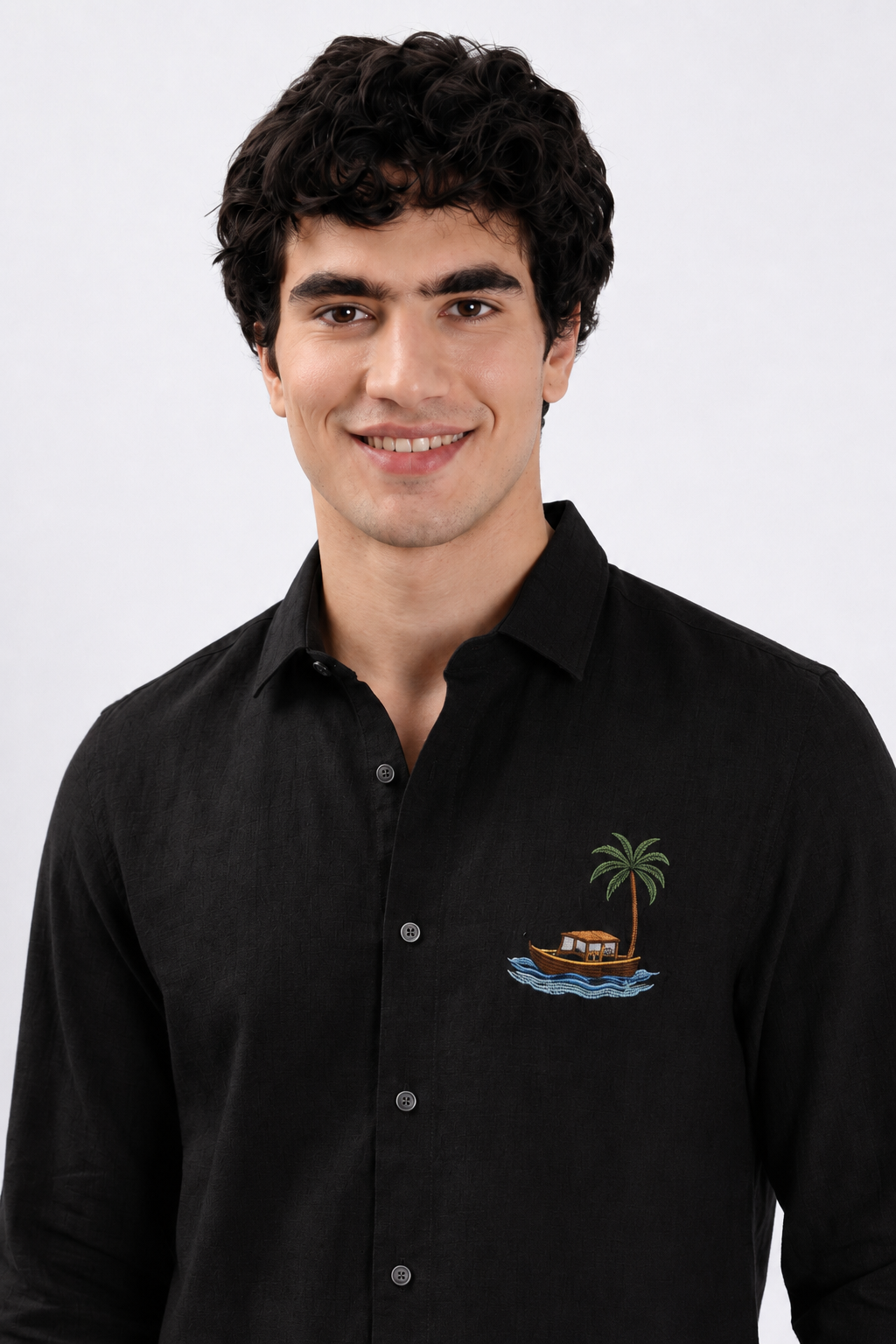 Tropical Houseboat &amp; Palm Tree Full Sleeve Casual Shirt