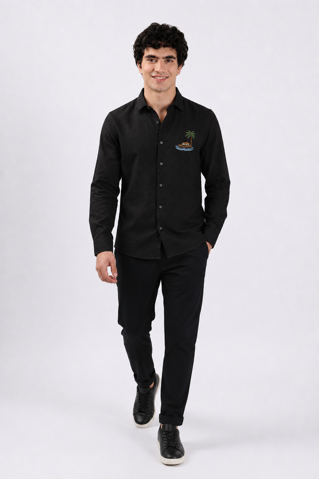 Tropical Houseboat &amp; Palm Tree Full Sleeve Casual Shirt