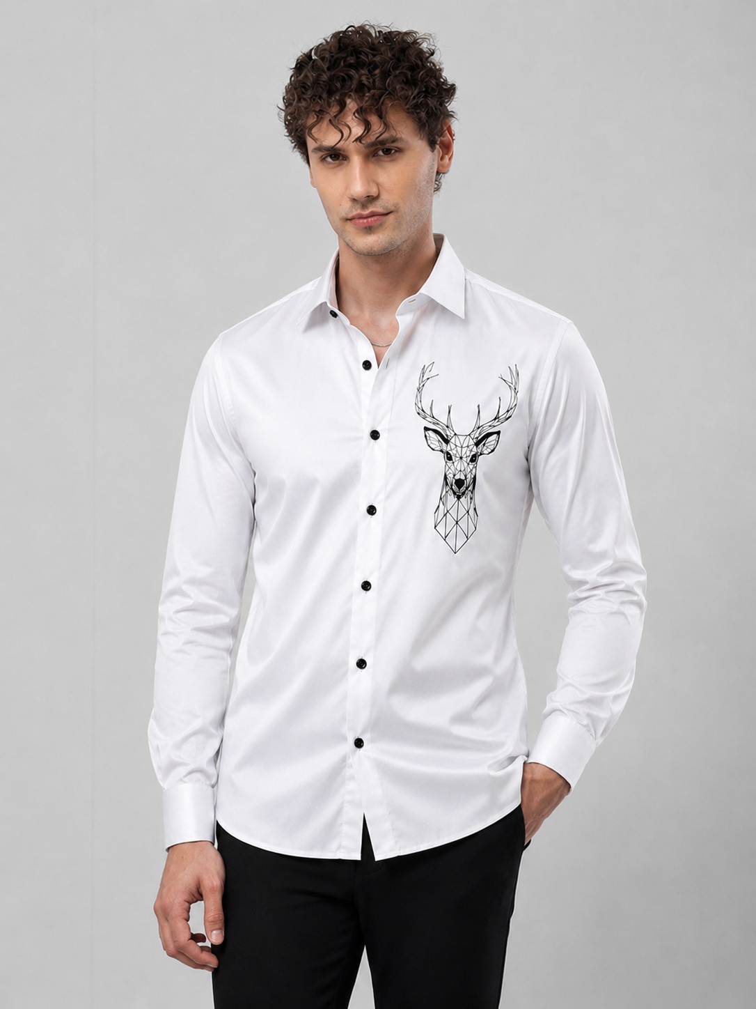 Pure White Geometric Deer Premium Cotton Satin Shirt