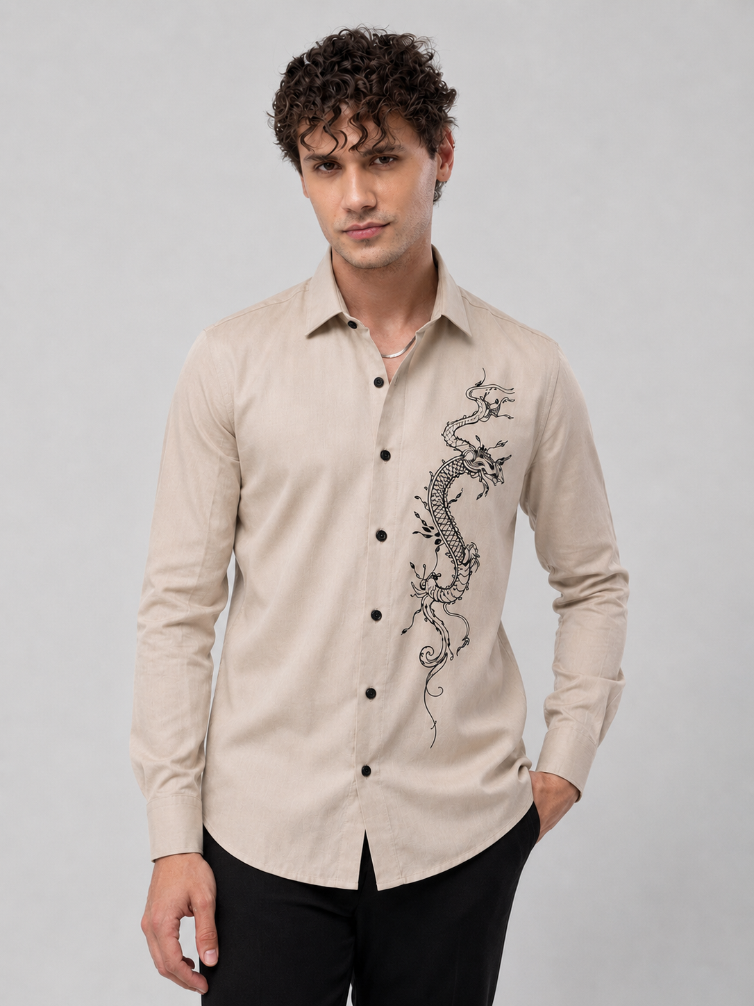 Elegant Beige Dragon Art Premium Cotton Satin Shirt