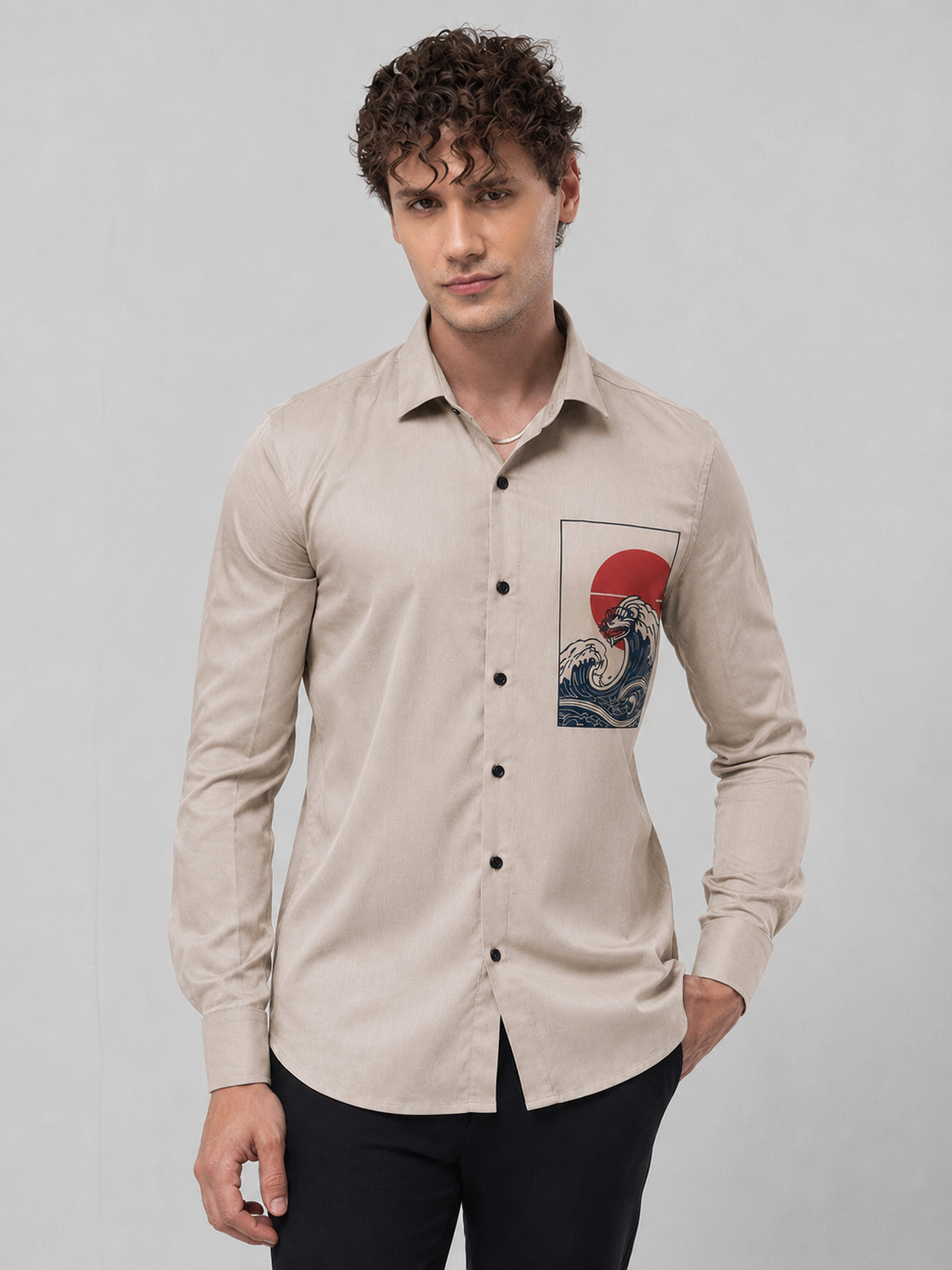Beige Japanese Wave Art Premium Cotton Satin Shirt
