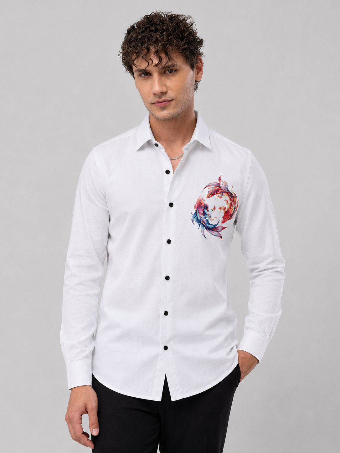 Pure White Koi Fish Art Premium Cotton Satin Shirt
