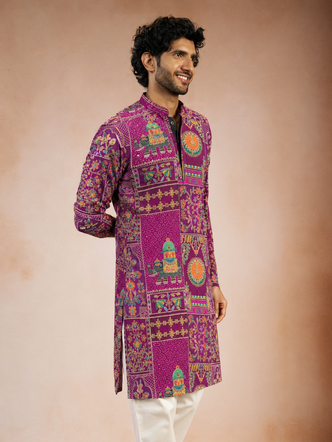 Men’s Magenta Purple Heritage Printed Short Kurta