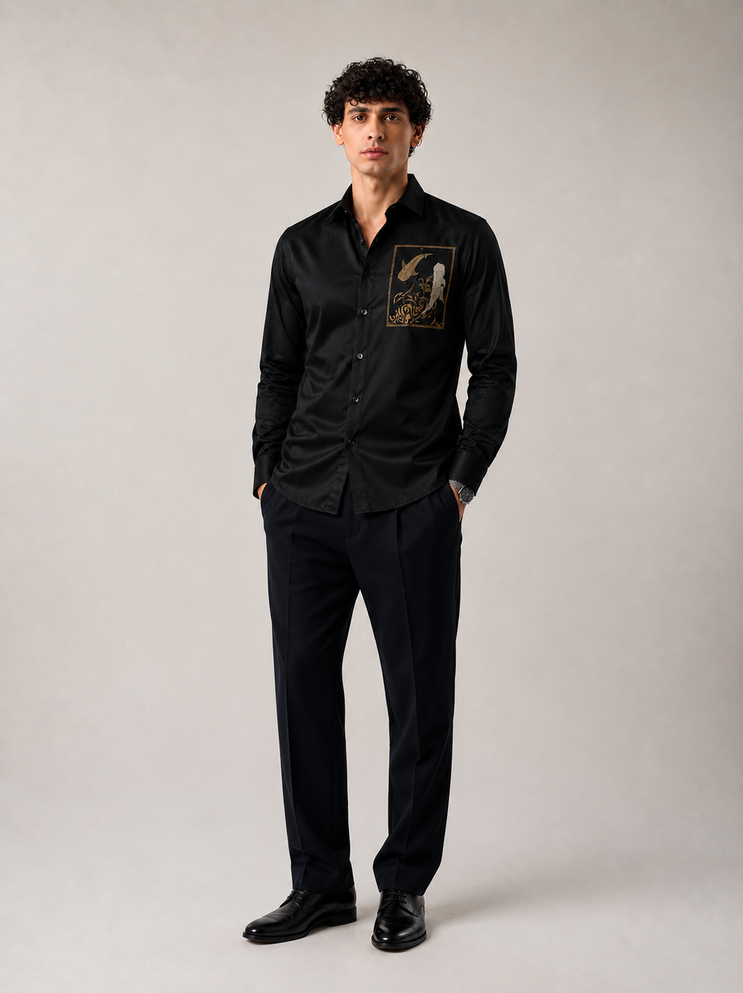 Midnight Black Sakura Blossom Premium Satin Designer Shirt