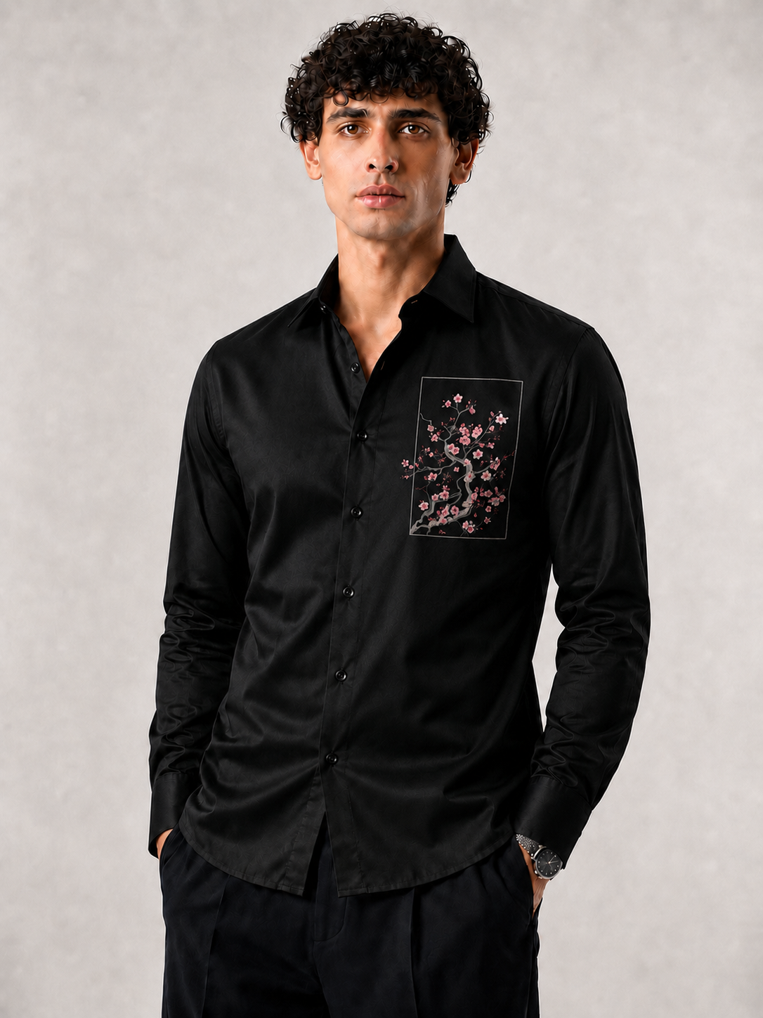 Midnight Black Sakura Blossom Premium Satin Designer Shirt