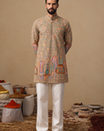 Men’s Olive Green Embroidered Short Kurta with Mughal-Inspired Border