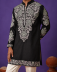 Men’s Black Floral Embroidered Short Kurta with Silver-Grey Detailing