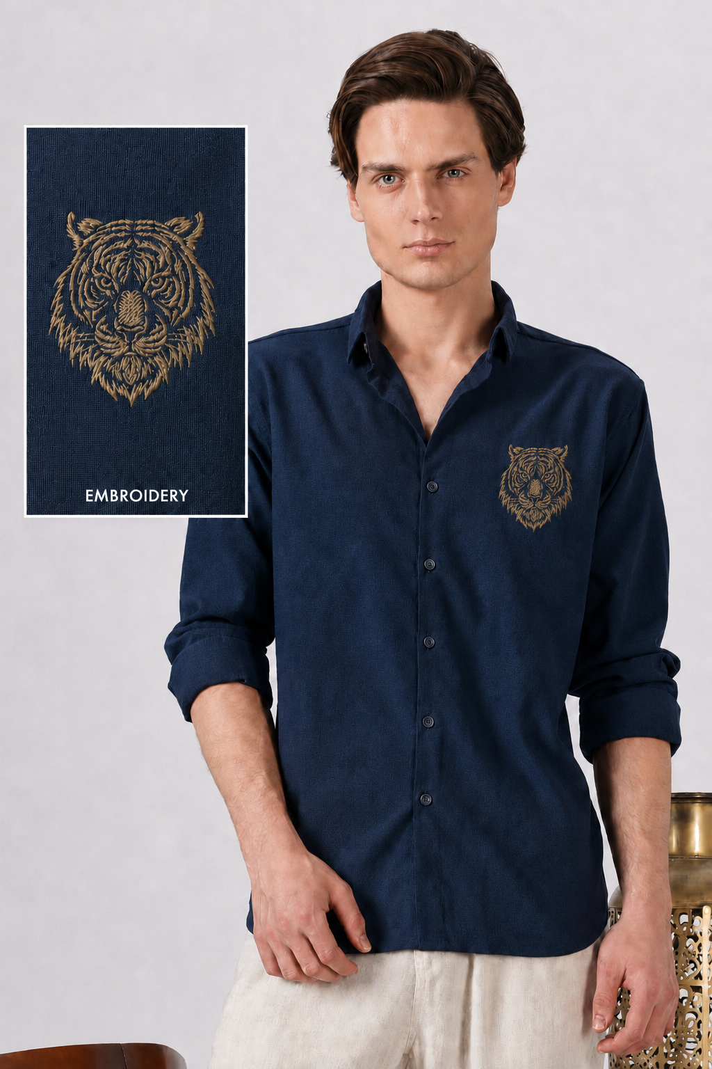 Royal Tiger Blue Embroidered Cotton Shirt