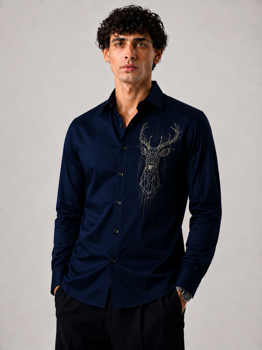 Royal Navy Blue Geometric Deer Art Premium Satin Shirt