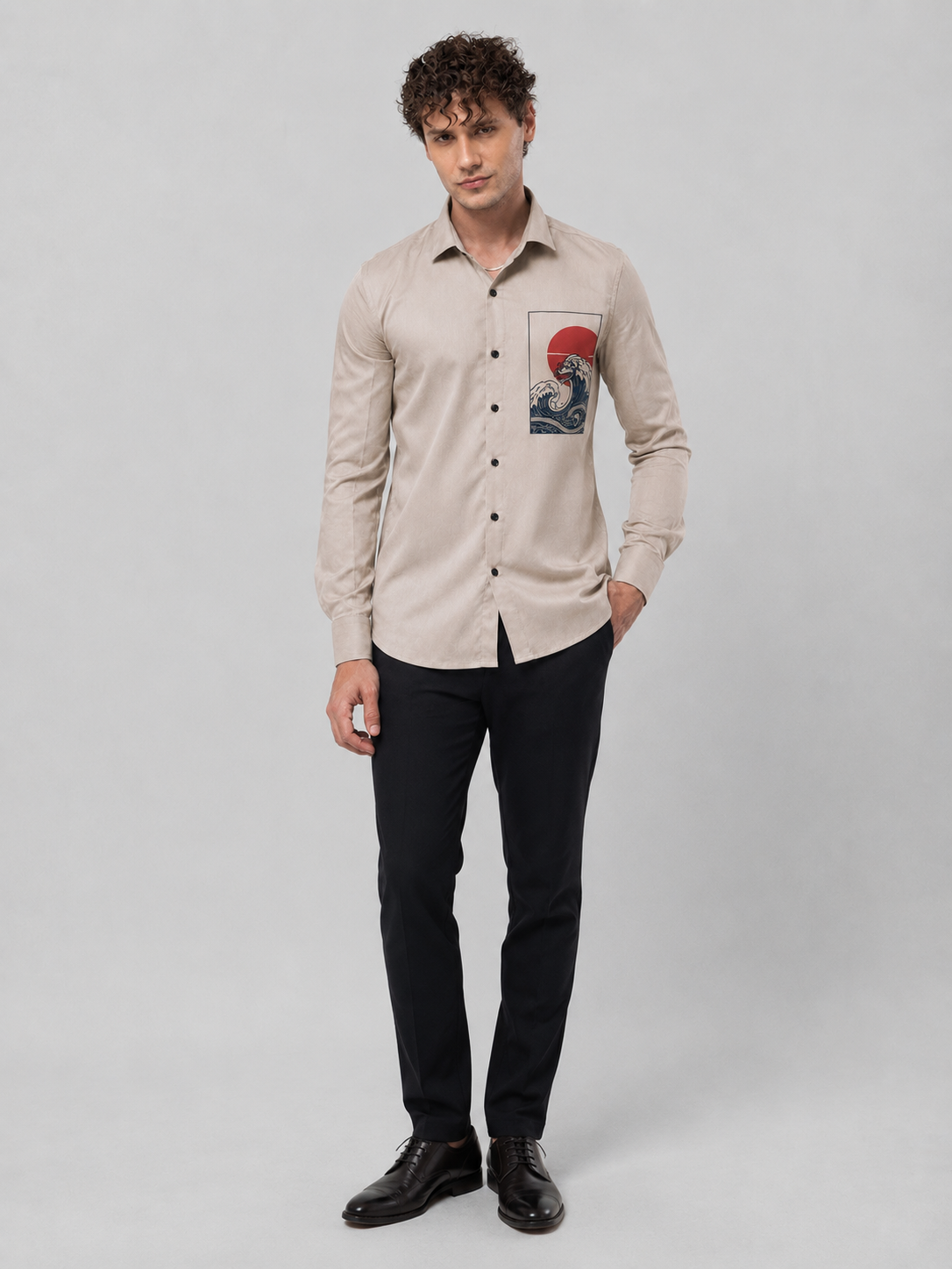 Beige Japanese Wave Art Premium Cotton Satin Shirt