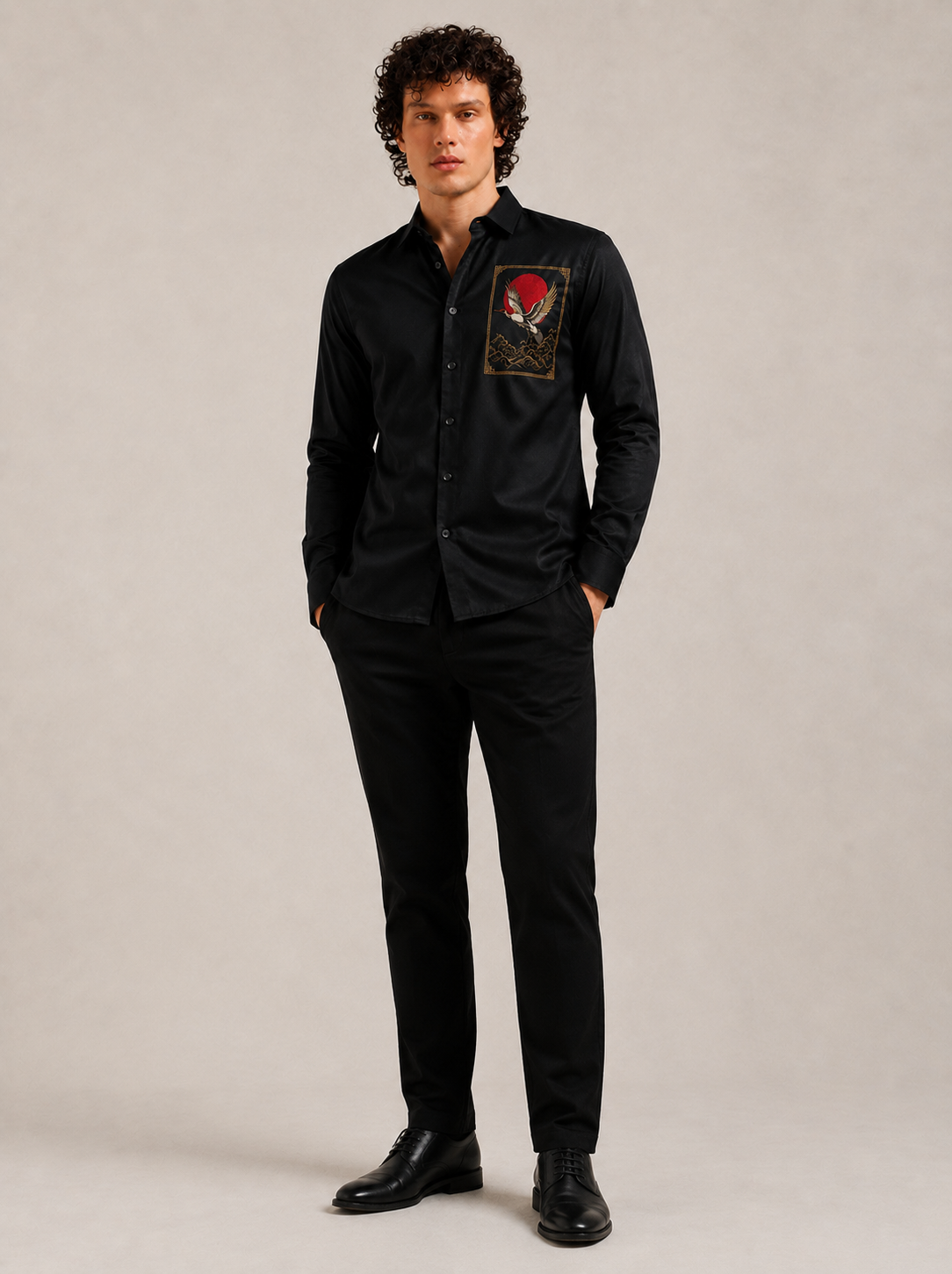 Midnight Black Crane Art Premium Satin Designer Shirt