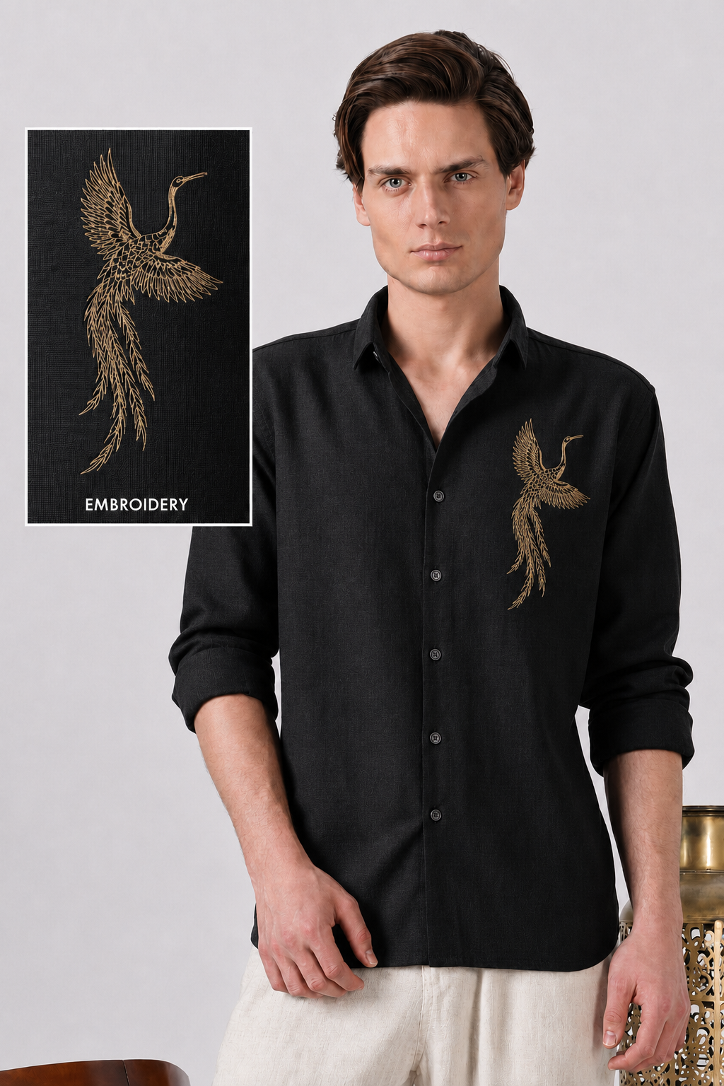 Golden Crane Embroidered Cotton Shirt