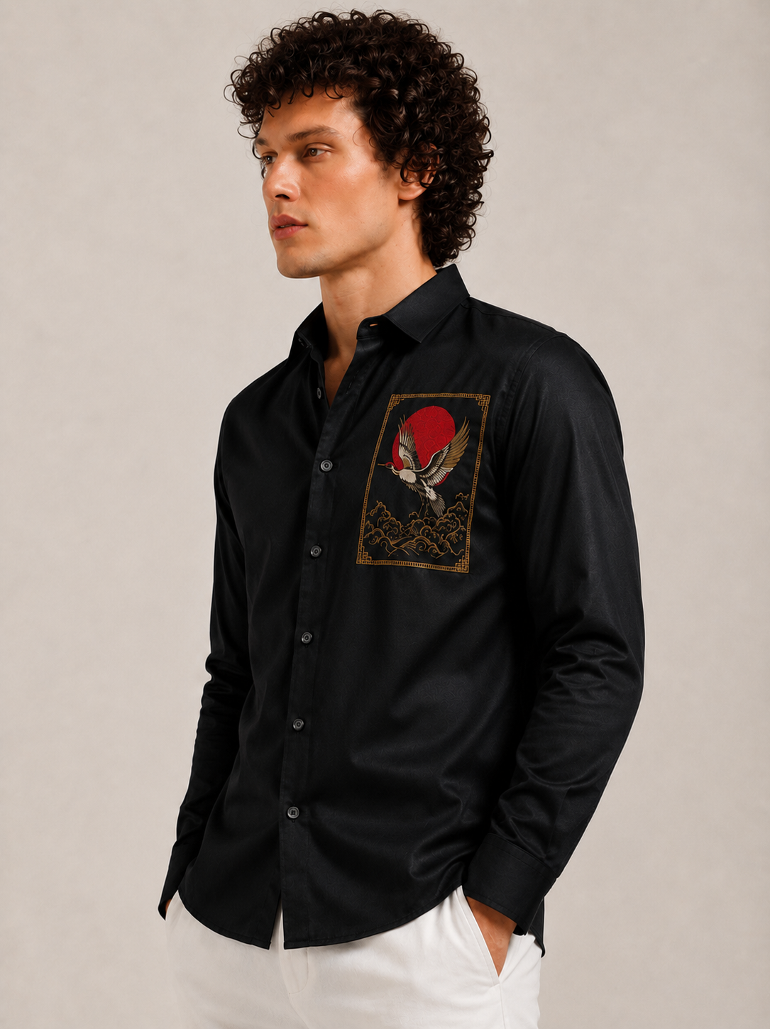 Midnight Black Crane Art Premium Satin Designer Shirt