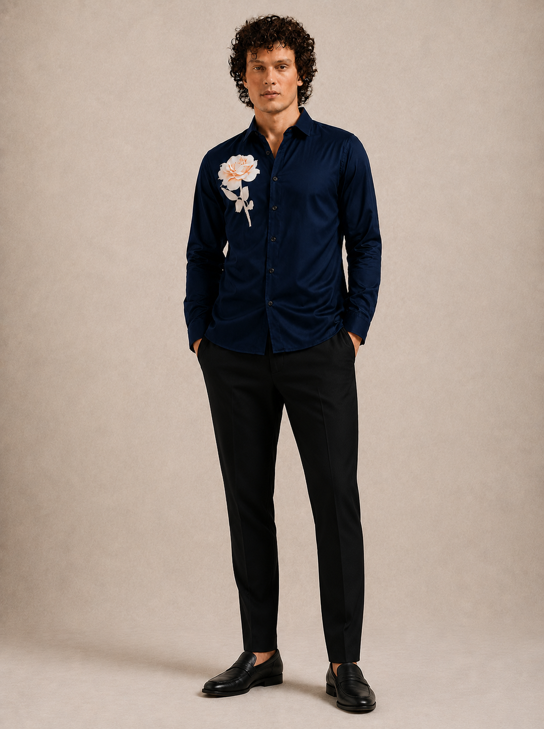 Royal Navy Blue Rose Art Premium Satin Shirt