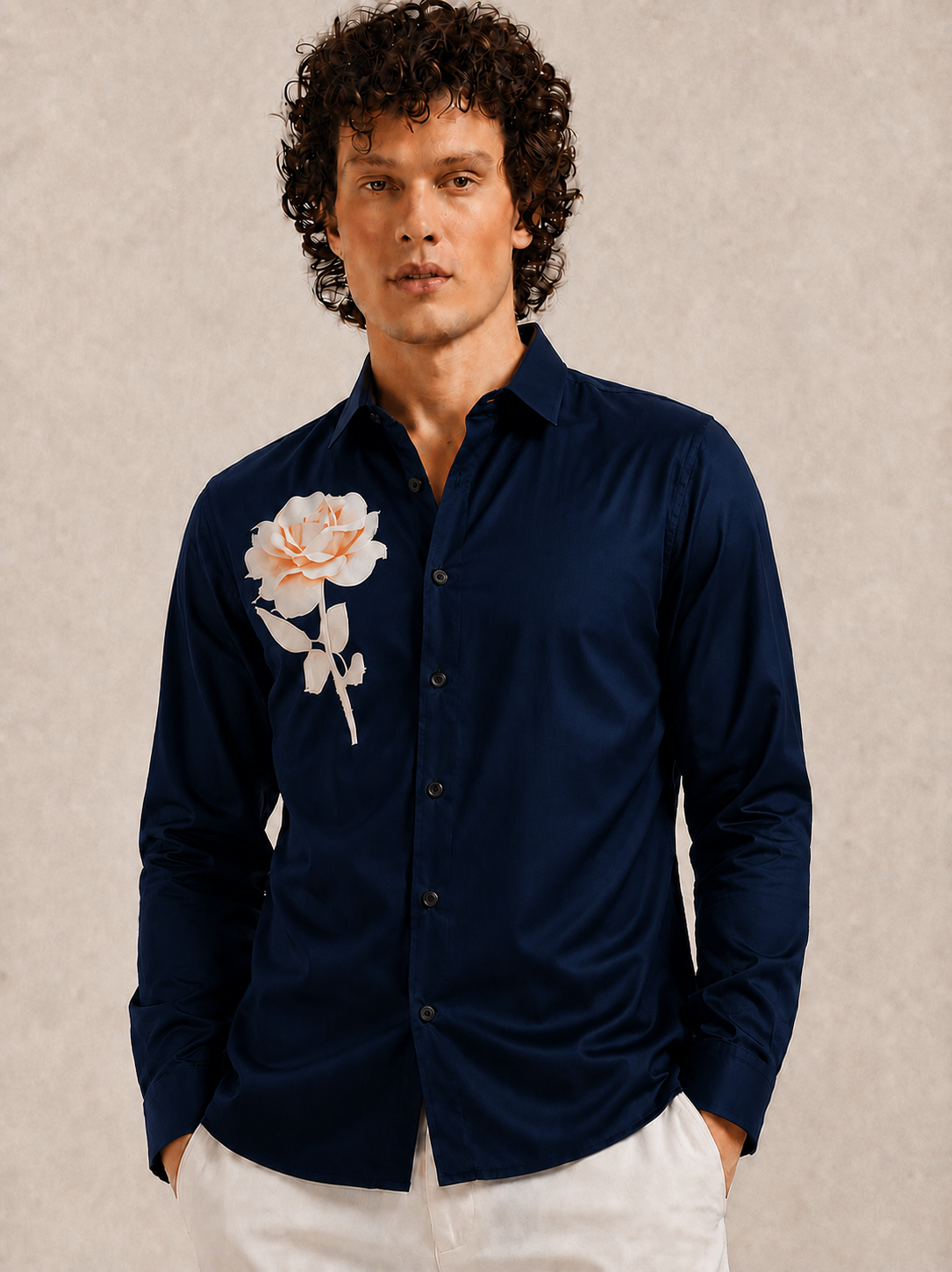 Royal Navy Blue Rose Art Premium Satin Shirt