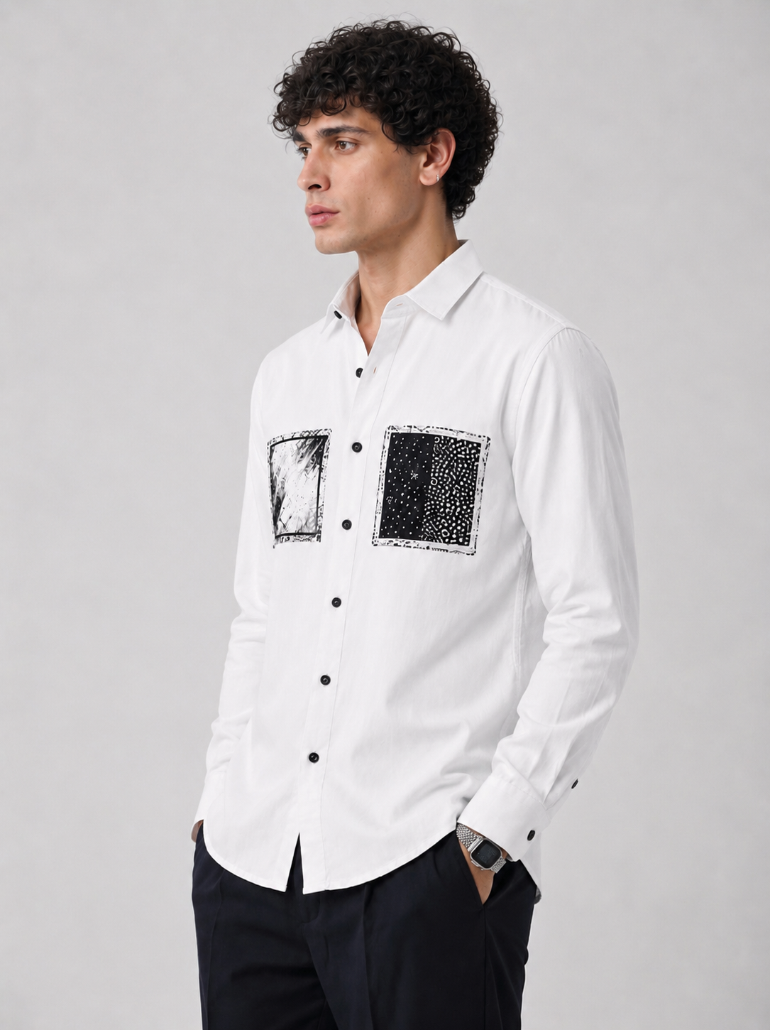 Pure White Abstract Dual Art Premium Satin Shirt