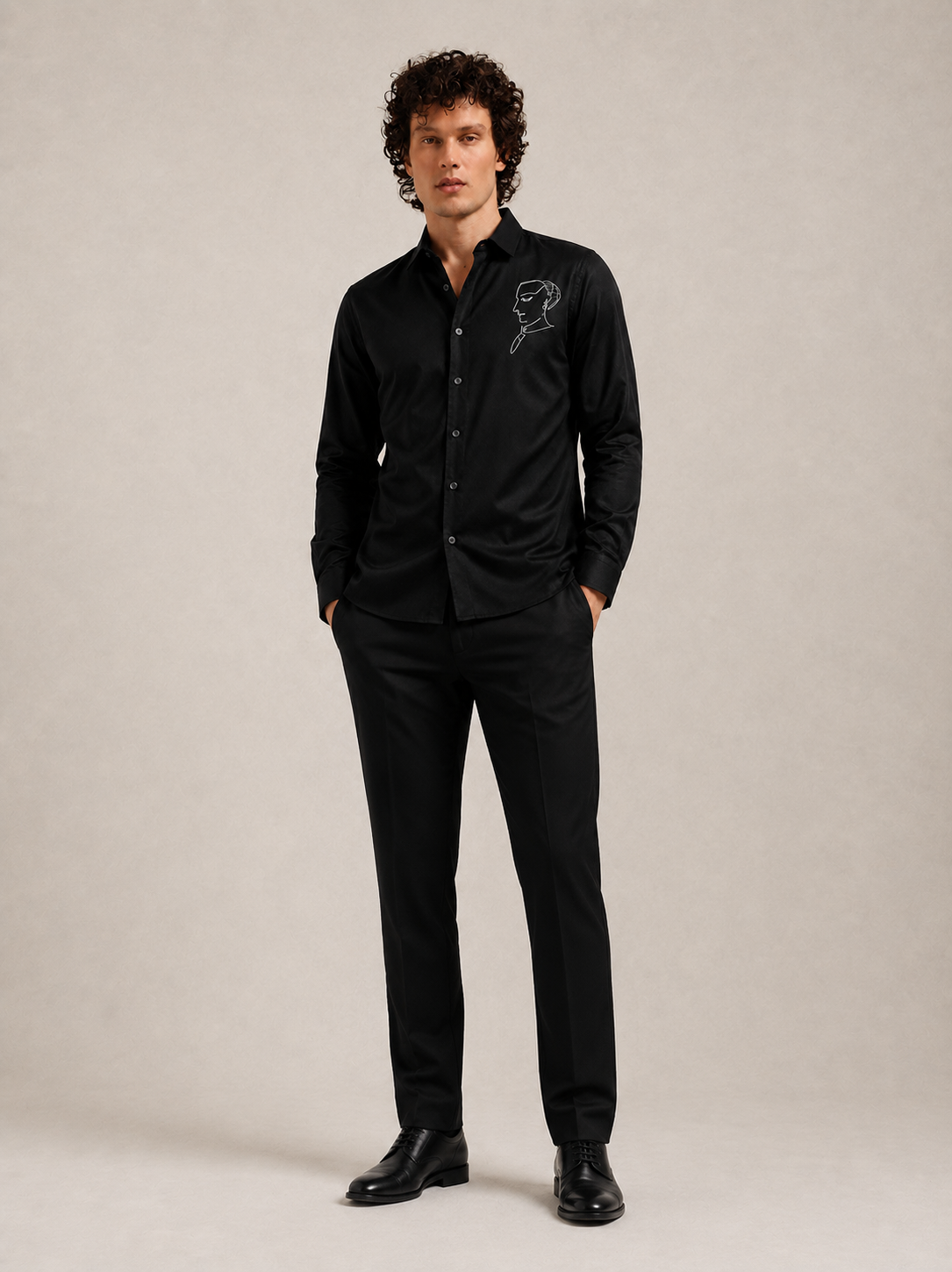 Midnight Black Minimal Face Art Premium Satin Shirt