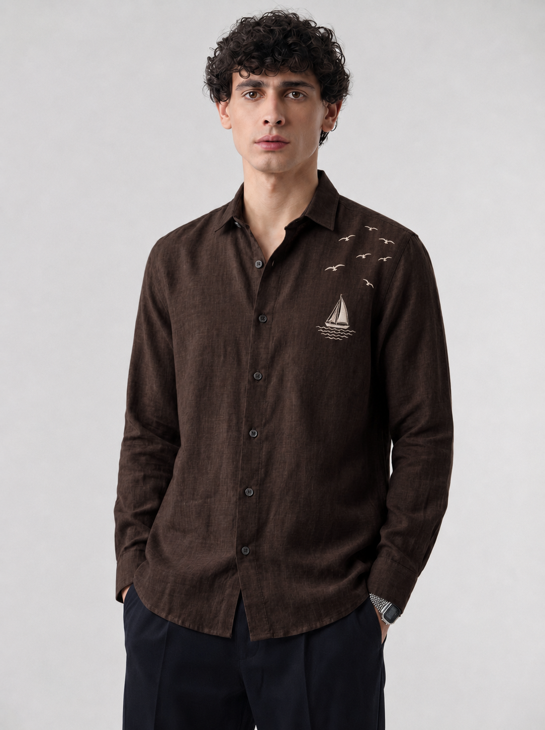 Coastal Voyage Embroidered Cotton Shirt