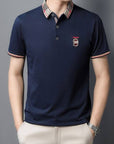 Men's Classic Blue Polo Shirt with Plaid Collar Detail