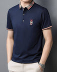 Men's Classic Blue Polo Shirt with Plaid Collar Detail