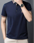 Men's Classic Blue Polo Shirt with Plaid Collar Detail