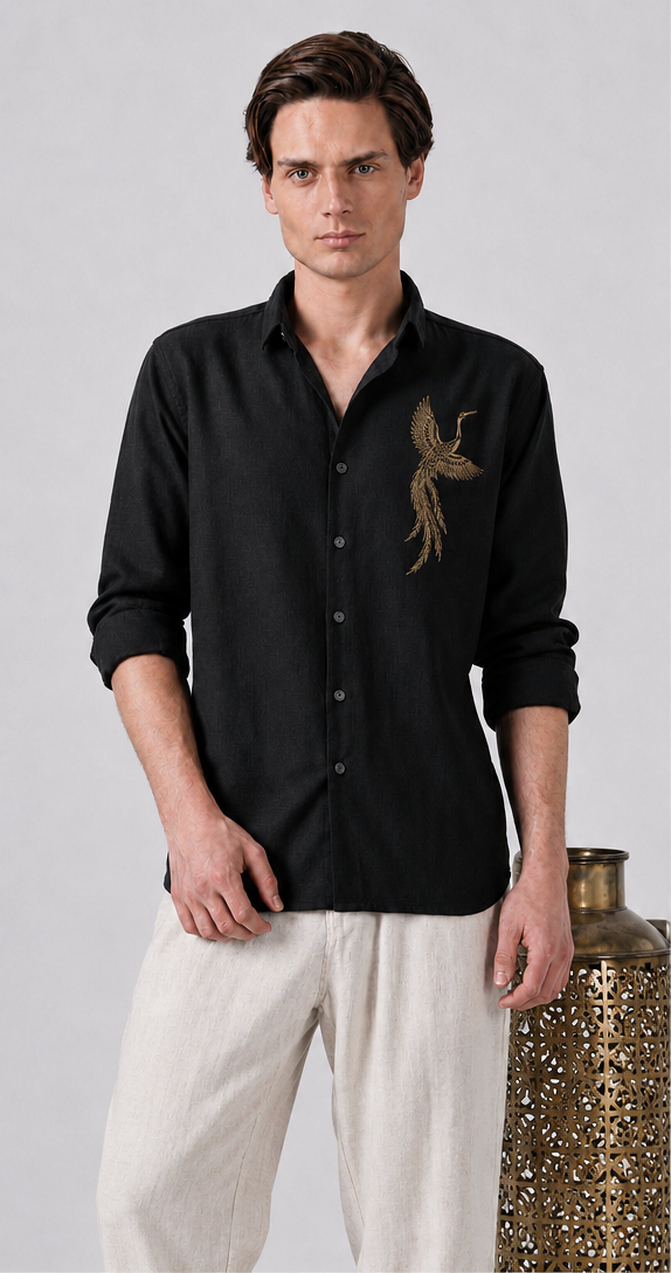 Golden Crane Embroidered Cotton Shirt