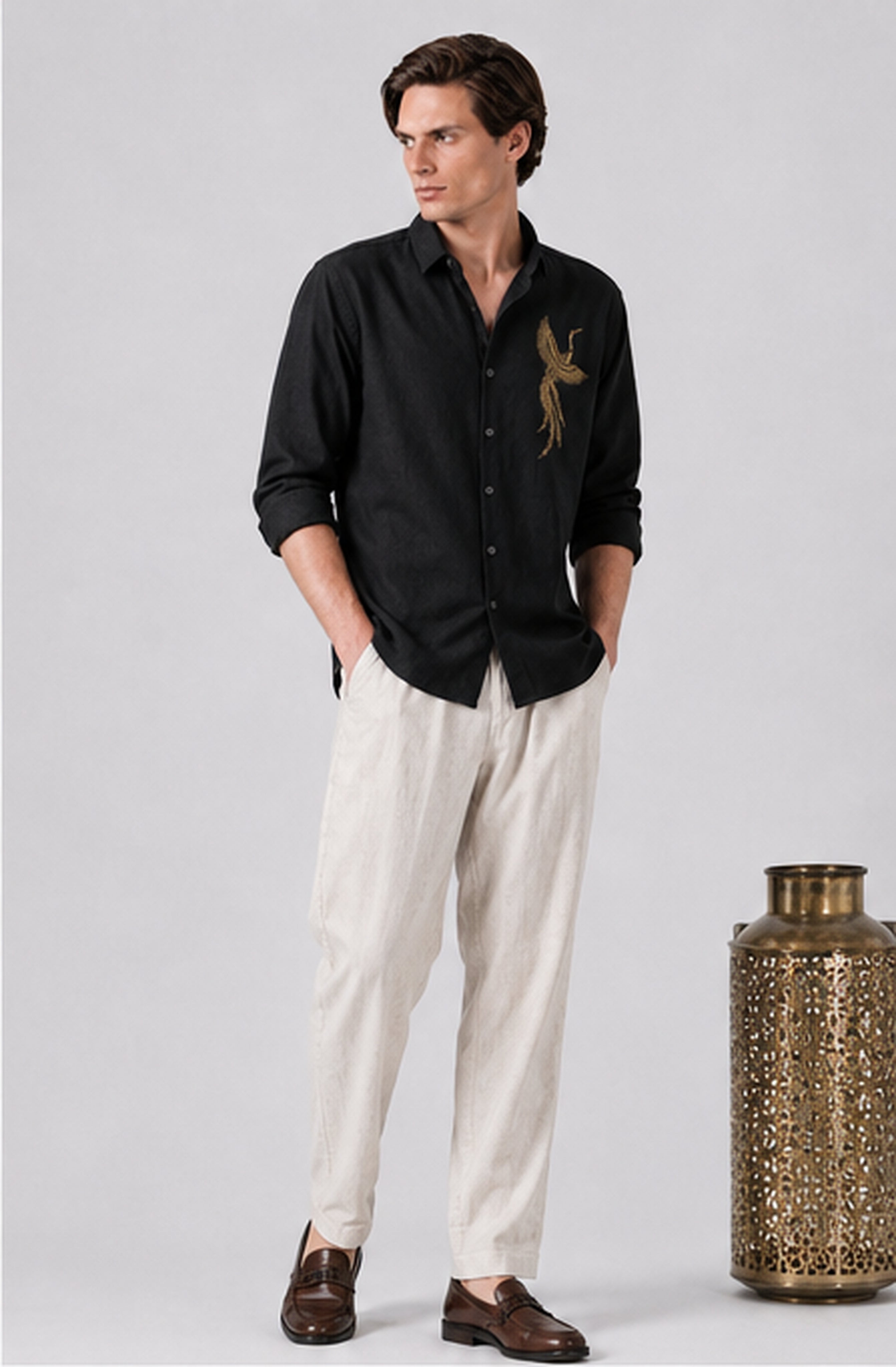 Golden Crane Embroidered Cotton Shirt