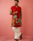 Men’s Red Floral Statement Short Kurta